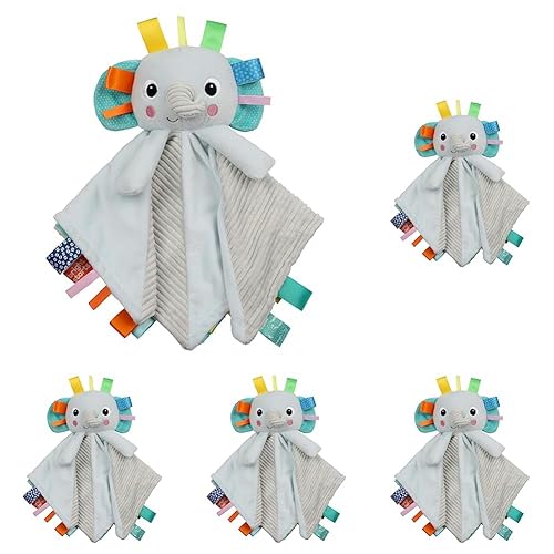 Bright Starts Cuddle 'n Tags Lovie - Manta calmante de 2 caras, elefante, recién nacido, gris (paquete de 5)