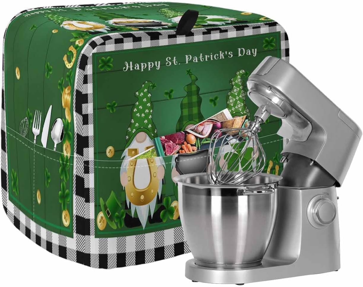 St. Patrick's Day Stand Mixer Cover with Storage Pocket, Waterproof Kitchen Mixer Covers, Green Shamrocks Gnomes Gold Coin Plaid Kitchen Appliance Dust Cover Compatible with 6-9 Quart Mixers