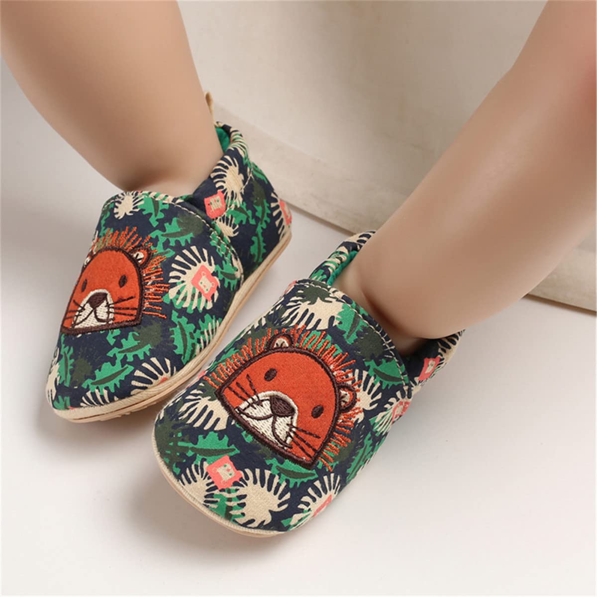 LAFEGEN Baby Boy Girl Walking Shoes Non Slip Soft Sole Infant Toddler Slipper Newborn Moccasins First Walker House Crib Sneaker Shoes, 01 Green Lion,18-24 Months Toddler