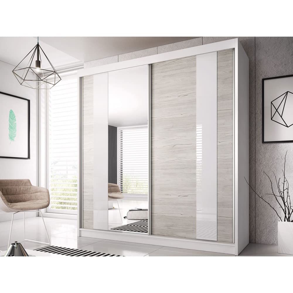 Fabryka Mebli Idźczak Schlafzimmer-Set Komplett - Helios II 180 Bettgestell - Kleiderschrank mit Spiegel, 2X Nachttisch - Innovativ, Stilvoll, Modern - Weiß/Kathult+Grau - Set ohne Matratze