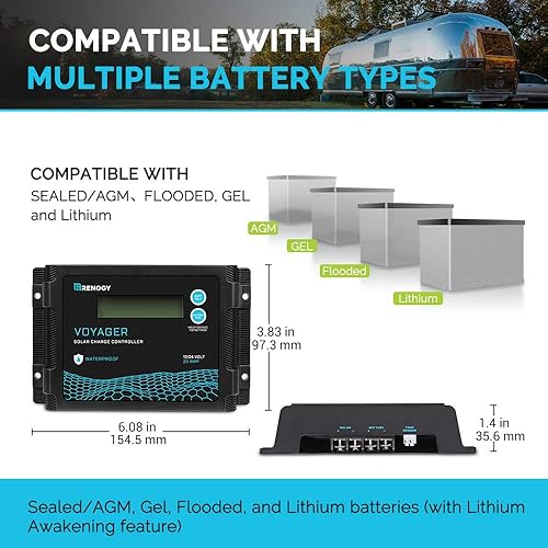 Miniatura 4 de Renogy Voyager 20A 12V24V PWM controlador de carga solar impermeable con pantalla LCD para batería AGM, de gel, con celdas húmedas y de litio,