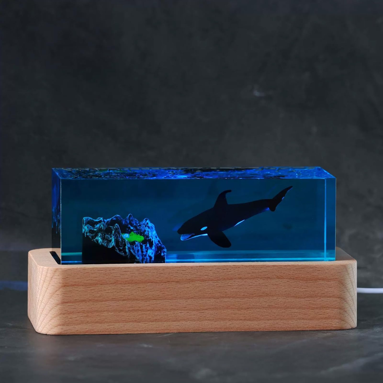 ATCKCALB Handmade Ocean Resin Lamp with Wooden Base, 3D Deep Sea Whale Shark Night Light for Home Decor, Unique Gifts for Scuba Divers & Marine Lovers(K 17.5x8.5x3.5cm/6.9x3.3x1.4in)