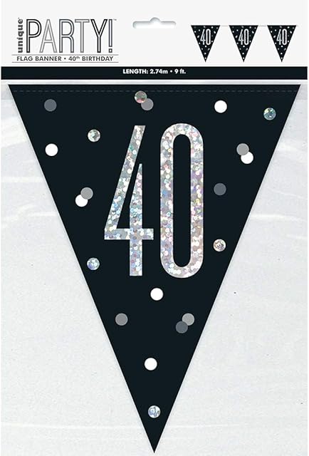 Unique 83427 Black Prismatic Polka Dots 40th Birthday Plastic Pennant Banner, 9 Ft 1 Pc, Age 40