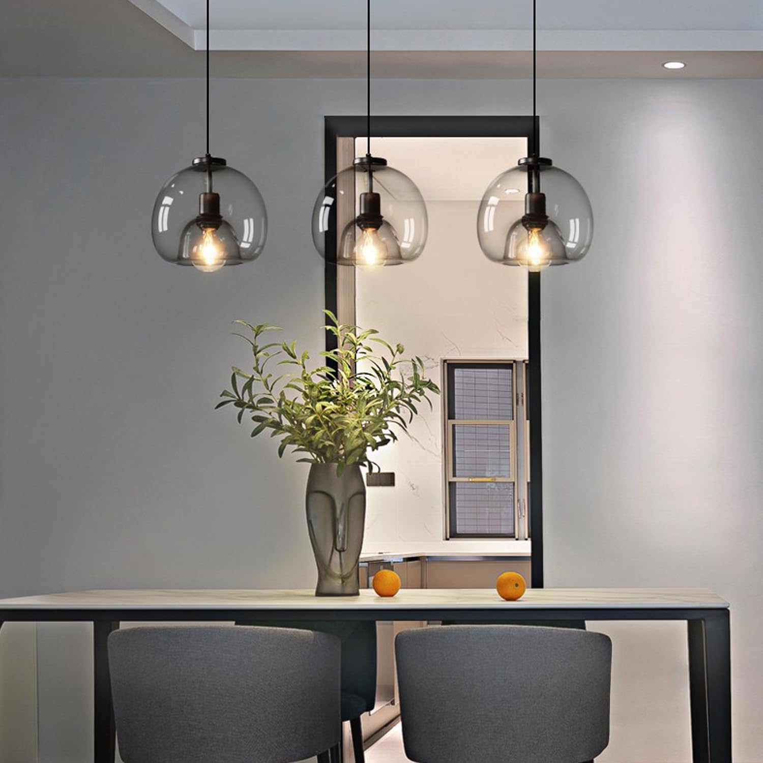 MIXL-Modern Pendant Light Kitchen Island,Smoked Glass Pendant Light Fixture,Black Globe Island Lights,Mid Century Modern Hanging Lamp for Study Room Office