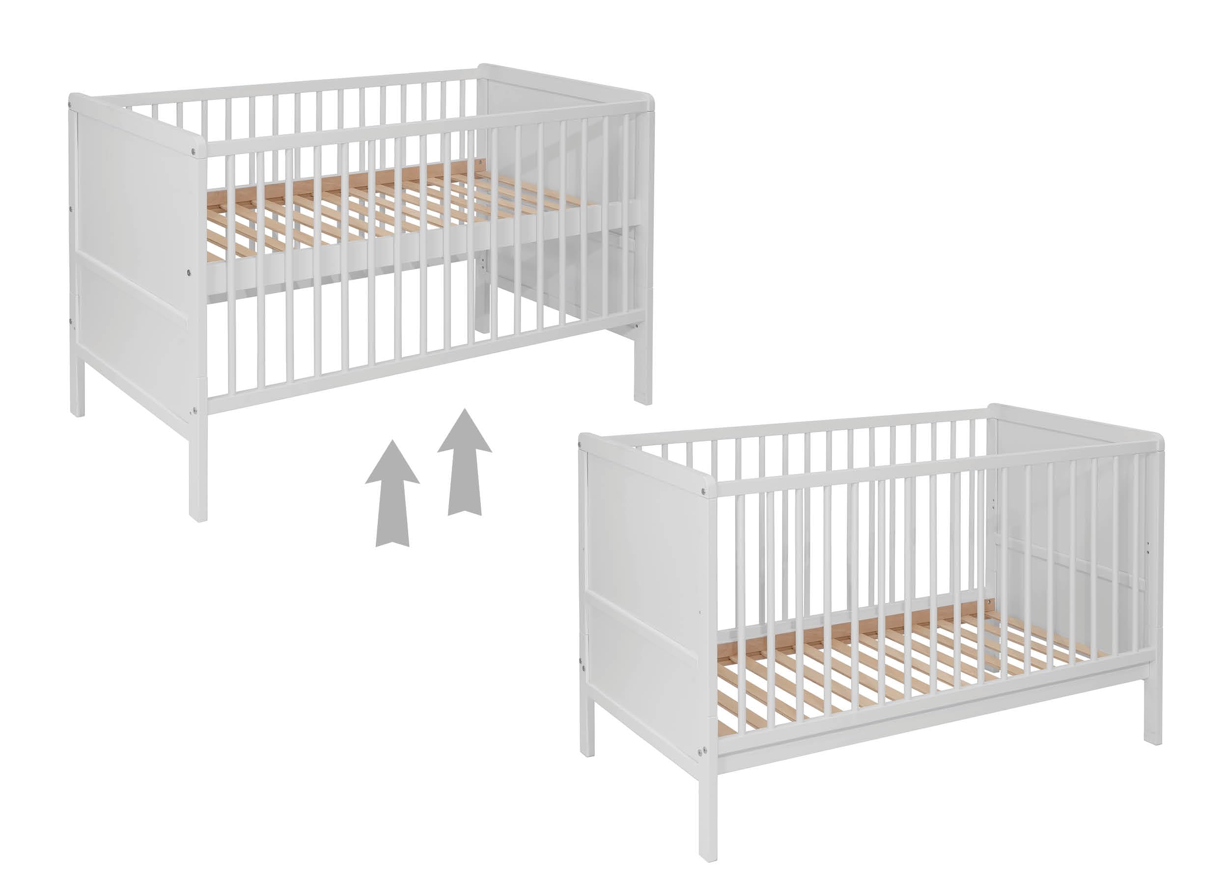Lit bébé évolutif Nelly 120x60 cm – Bois de hêtre – Lit Junior Convertible – Sommier réglable – en 716 (Blanc)