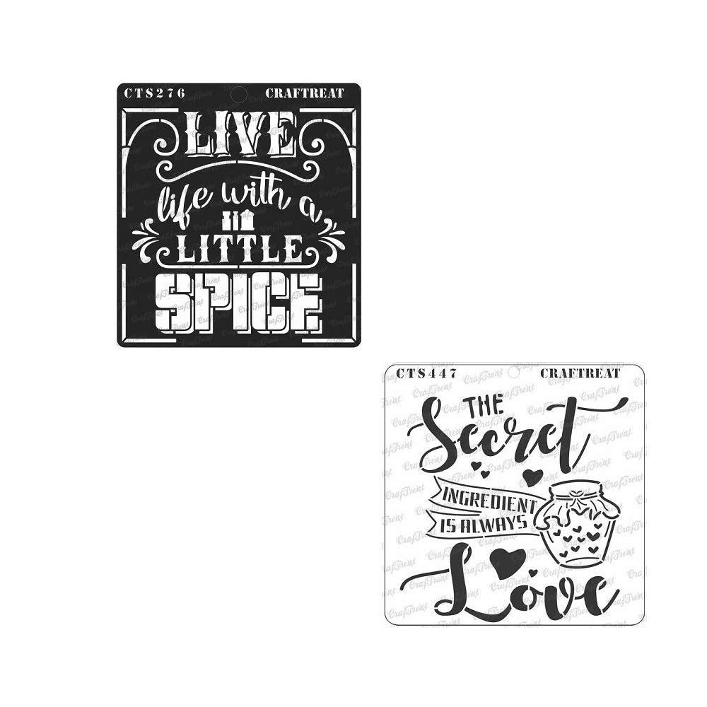 CrafTreat Stencils for Painting on Wood, Canvas, Paper, Wall - Spicy Life and Secret Ingredient - 2 Pcs - 6x6 Inches Each - Reusable DIY Art and Craft Stencils for Home Decor - Kitchen Quotes
