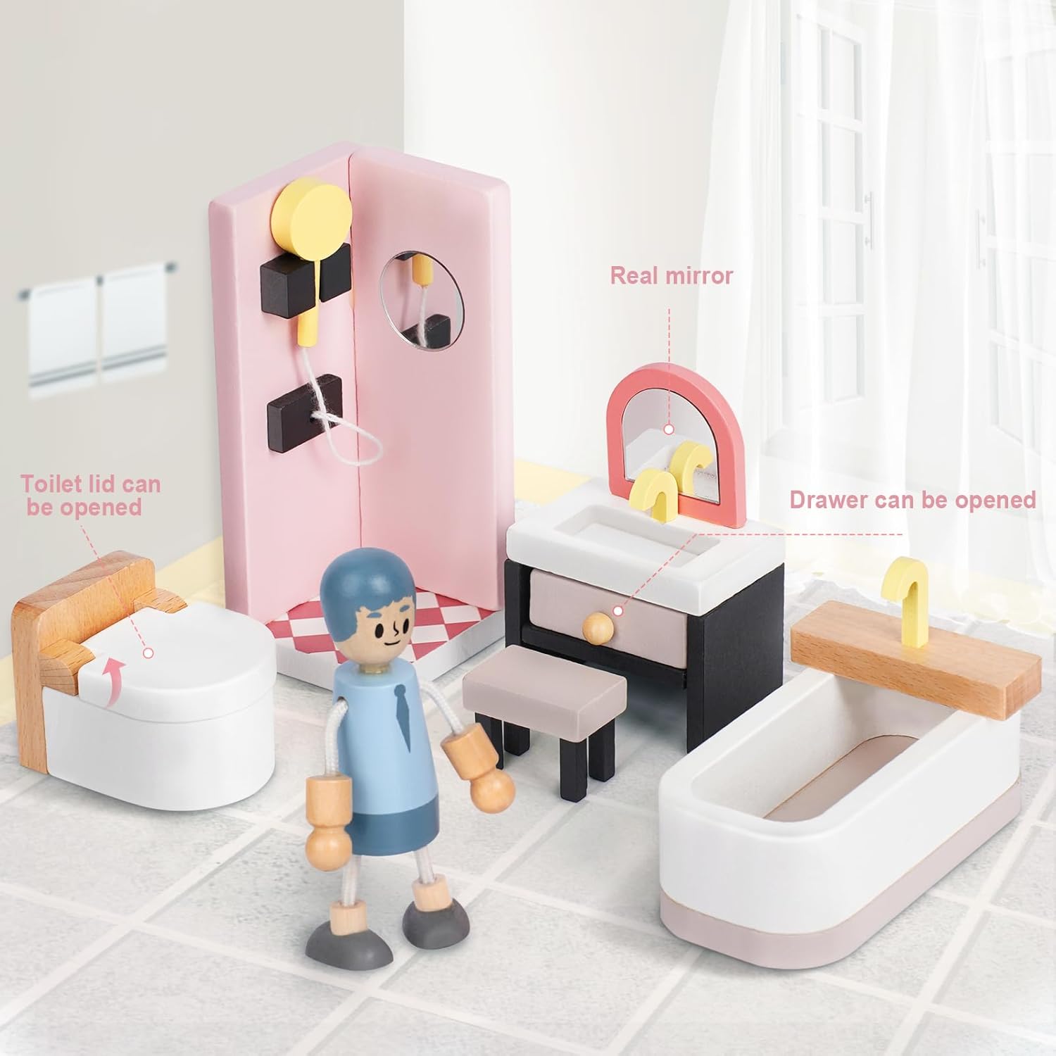 Wooden Dollhouse Furniture Set with 4 Family Dolls, 36 Pcs Sanlebi Doll House Accessories and Furniture, Miniature Furniture Including 5 Room Kits, Pretend Play Toy Gift for Boys Girls Toddler 3+