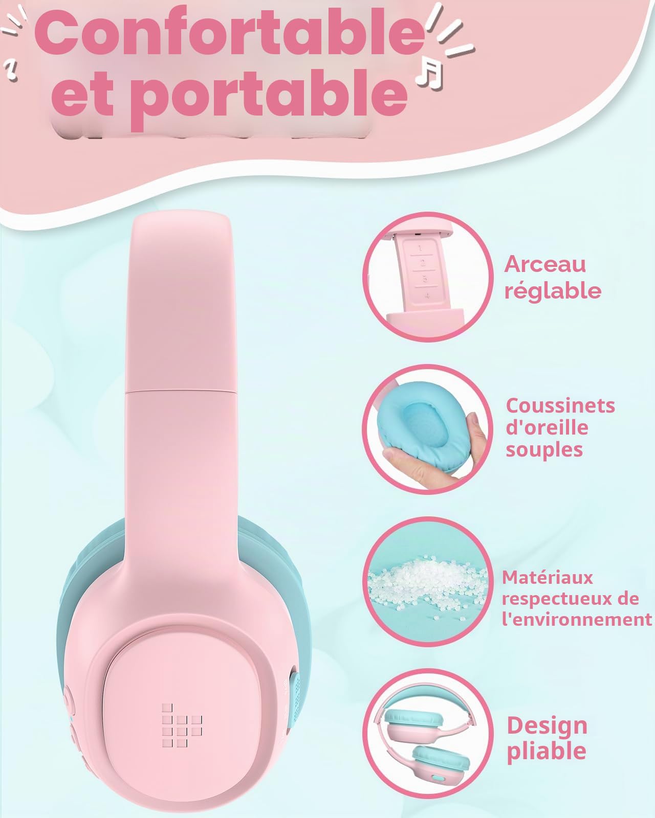 Tronsmart KH02 Casque Audio Enfant Bluetooth 5.3, Volume Limité 74/85/94 DB, Pliable, Microphone Intégré, pour Fille, Rose