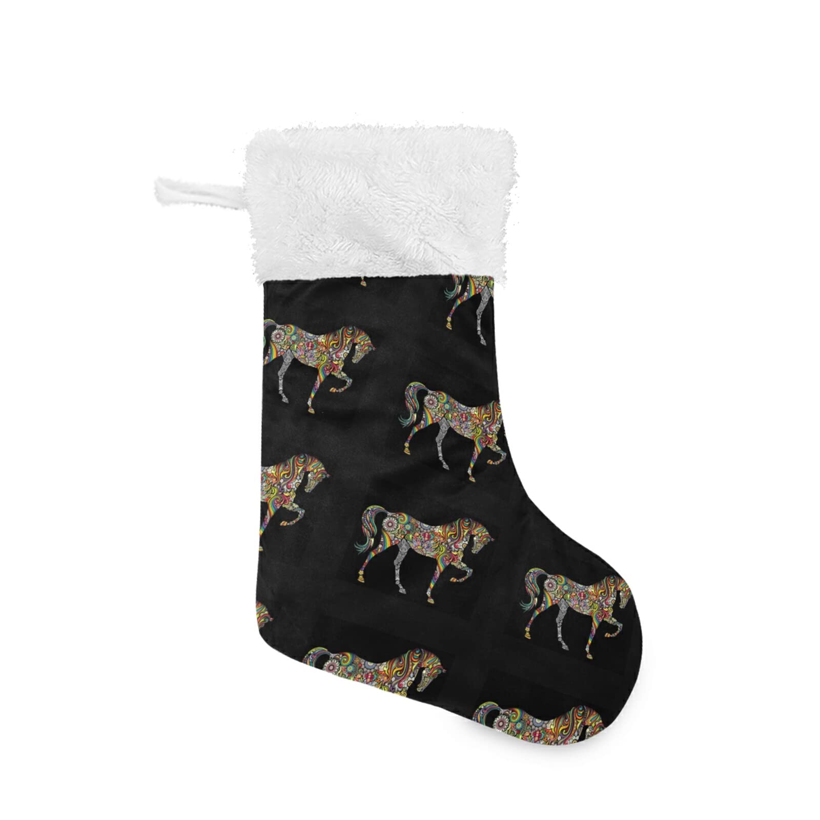 Colorful Floral Tribal Ethnic Horse on Black 1 PC Christmas Stockings, Large Burlap Plush Faux Fur Cuff 18"x8" Stockings for Bed Stairs Fireplace Xmas Tree Party Accessory