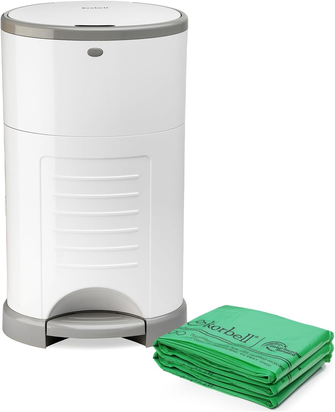Korbell Mini Nappy Bin & Disposable Liner Bundle Lasting Up to 6 Months | 28 weeks Hygienic, Odour Free & Hands Free |Includes 4 Packs of Biodegradable Liners | Pure White