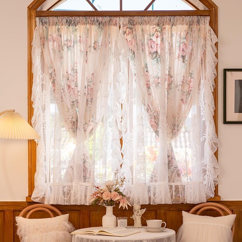 Short Curtains Double Layer Rose Lace, Kitchen Bathroom Closet Rod Through Short Curtains 59" W*47" L(2pcs)