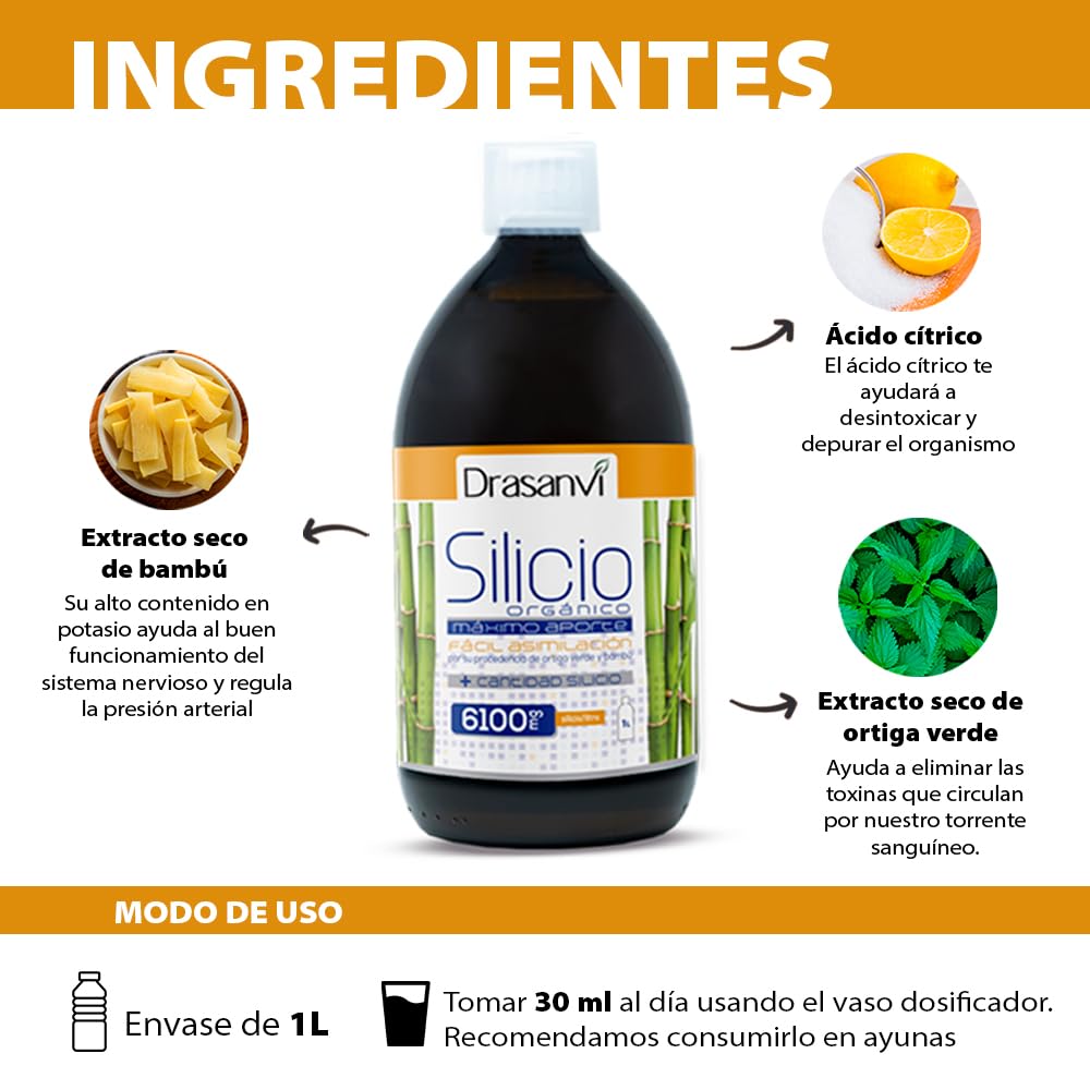 DRASANVI Silicio Orgánico Precursor del Colágeno | Mineral Esencial para la Estructura Celular | Huesos y Articulaciones |Ortiga Verde y Bambú| Fácil Asimilación,6100 mg por Dosis,1000 ml = 33 Días