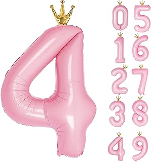 Gifloon Number 4 Balloon with Crown, Large number balloons 40 inch, 4th Birthday Party Decorations Supplies 4 Year Old Birthday Sign Decor, Pink