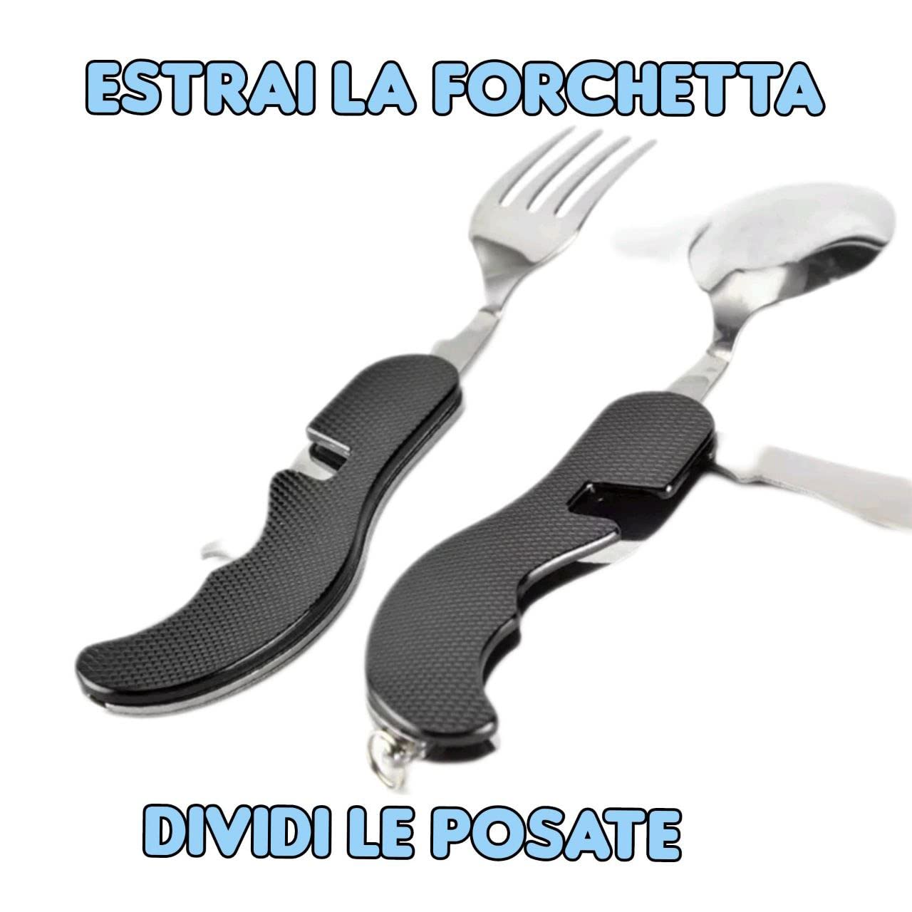 Posata Pieghevole Campeggio Multiuso Picnic Escursioni Viaggi Portatili Acciaio Inossidabile Staccabili 5 in 1 Picnic Coltello Forchetta Cucchiaio Apribottiglie Astuccio (nero)