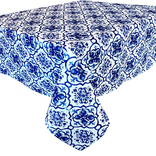 Newbridge Blue Amani Tile Print Indoor/Outdoor Fabric Tablecloth - Delft Blue Medallion Design Soil Resistant, Water Repellent Fabric Tablecloth, 60 Inch X 102 Inch Oblong/Rectangular #TOP6