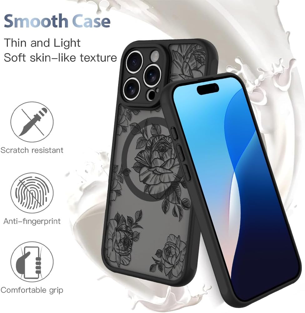 AIGOMARA Case for iPhone 16 Pro Max [Compatible with MagSafe] Black Flower Floral Pattern Design for Women Girls Soft TPU Bumper Hard PC Back Anti-Fall Shockproof Protective Slim Magnetic Cover - Image 5
