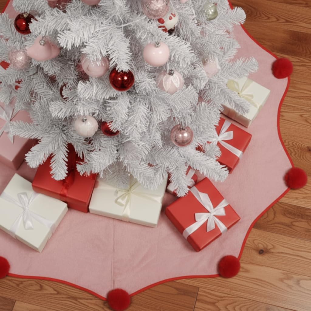 Pink Scalloped Christmas Tree Skirt 48 inch with Red Ball POM POM Wavy Edge Faux Fur Plush Mat for 5-7FT Large Xmas Decoration Holiday Home Decor Party