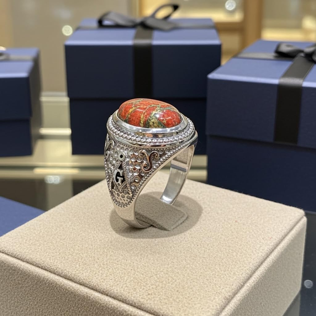LA BLINGZ Sterling Silver Masonic Orange Copper Turquoise Ring