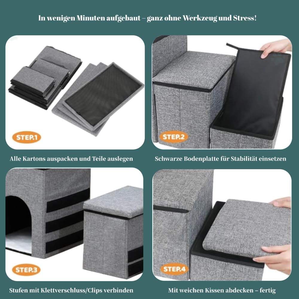 Hundetreppe für Kleine Hunde mit Stauraum und Katzenöffnung, Breite Dog Stairs Faltbare mit Rutschfestem Boden für Bett und Couch, Hundetreppe Kleine Hunde 3 Stufen (Grau)