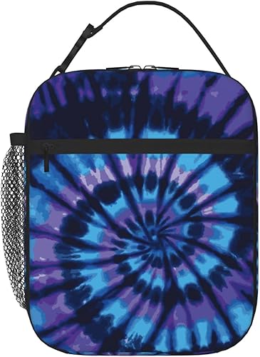FATTTYCY Lonchera con teñido anudado azul para hombres y mujeres, bolsa de almuerzo pequeña para oficina, trabajo, picnic, reutilizable, portátil