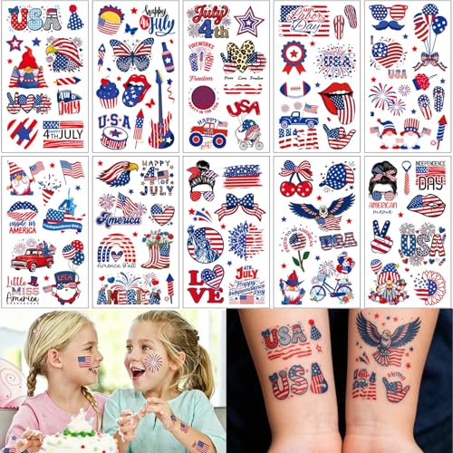 180PCS 4th of July Temporary Tattoos, Fourth of July America Flag Red White &Blue Face Patriotic Tattoo Stickers, 250th Anniversary Independence Day Party Decorations and USA Party — view 2