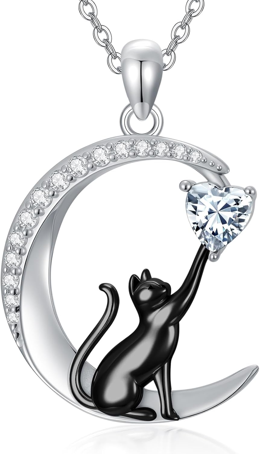 PROESS S925 Sterling Silver Cat Necklace Cat Birthstone Pendant Necklace Cute Animal Jewelry Gifts for Women