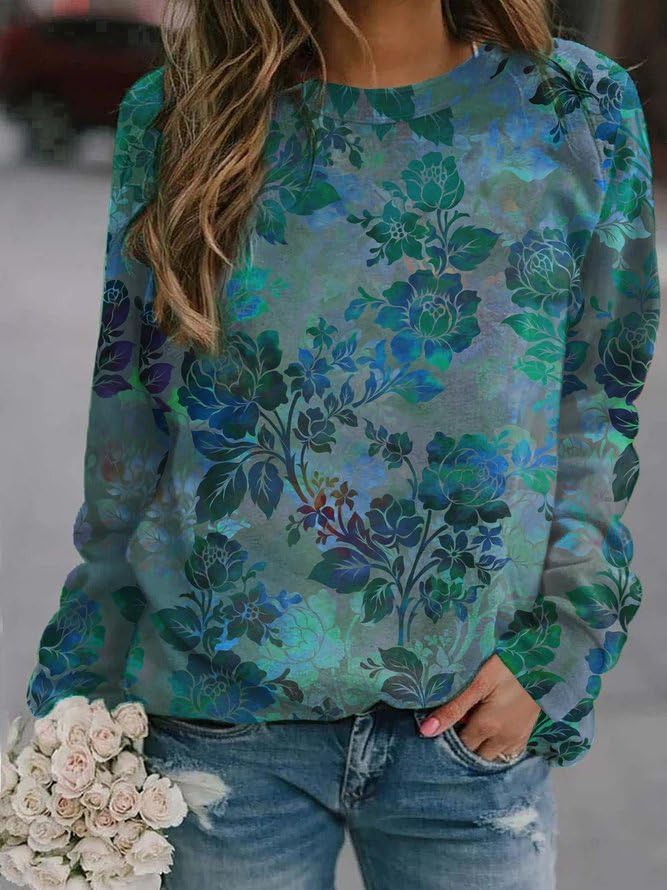 Akivide Women's Long Sleeve Flower and Landscape Print Sweatshirt Casual Fall Loose Crewneck Pullover Tops, Large - Image 2