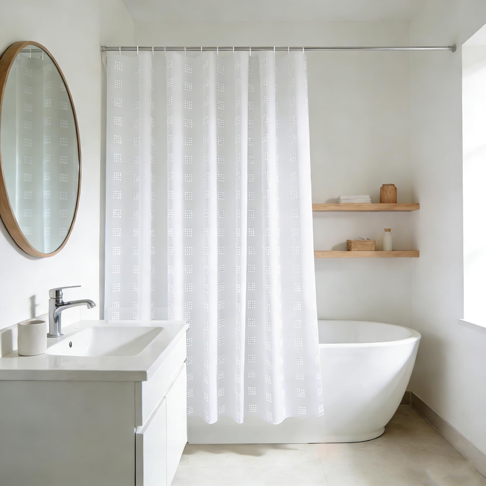Rideau douche court blanc géométrique idéal pour baignoire et petite salle de bain