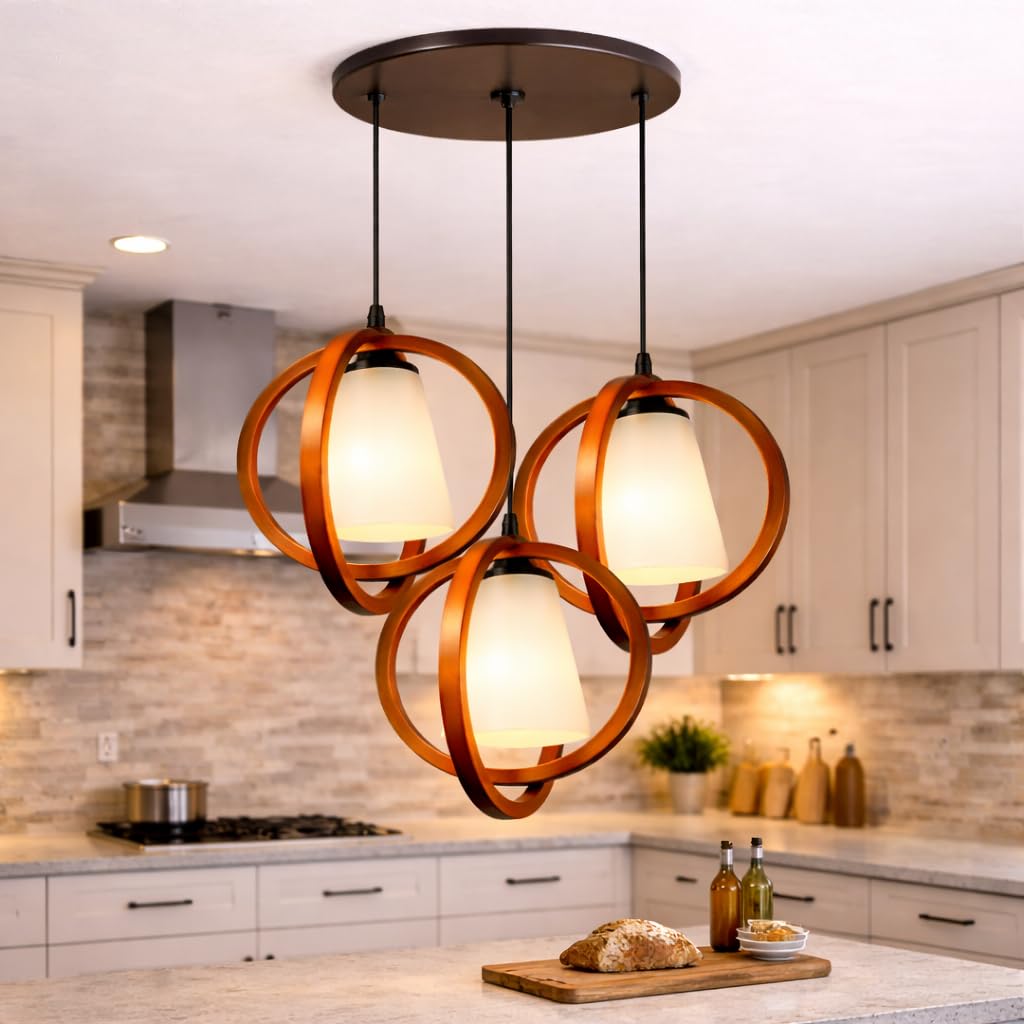 Wooden Hanging Pendant Light with Laser Cut Pattern, Natural Wood Brown, Ceiling Mount, Rustic Contemporary Style, Round Shape, for Bedroom, Living Room, Office (Pack of 3)-image-28