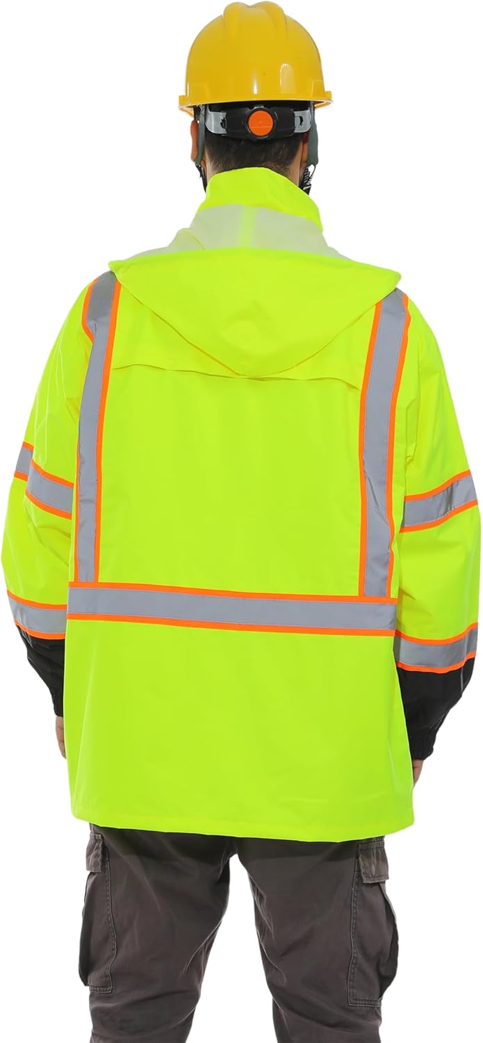 Men's Hi Vis Rain Jacket & Safety Rain Coat Waterproof Lightweight with Hood, Class 3 Reflective Adult Yellow Work Rain Jacket (L/XL) - Image 2