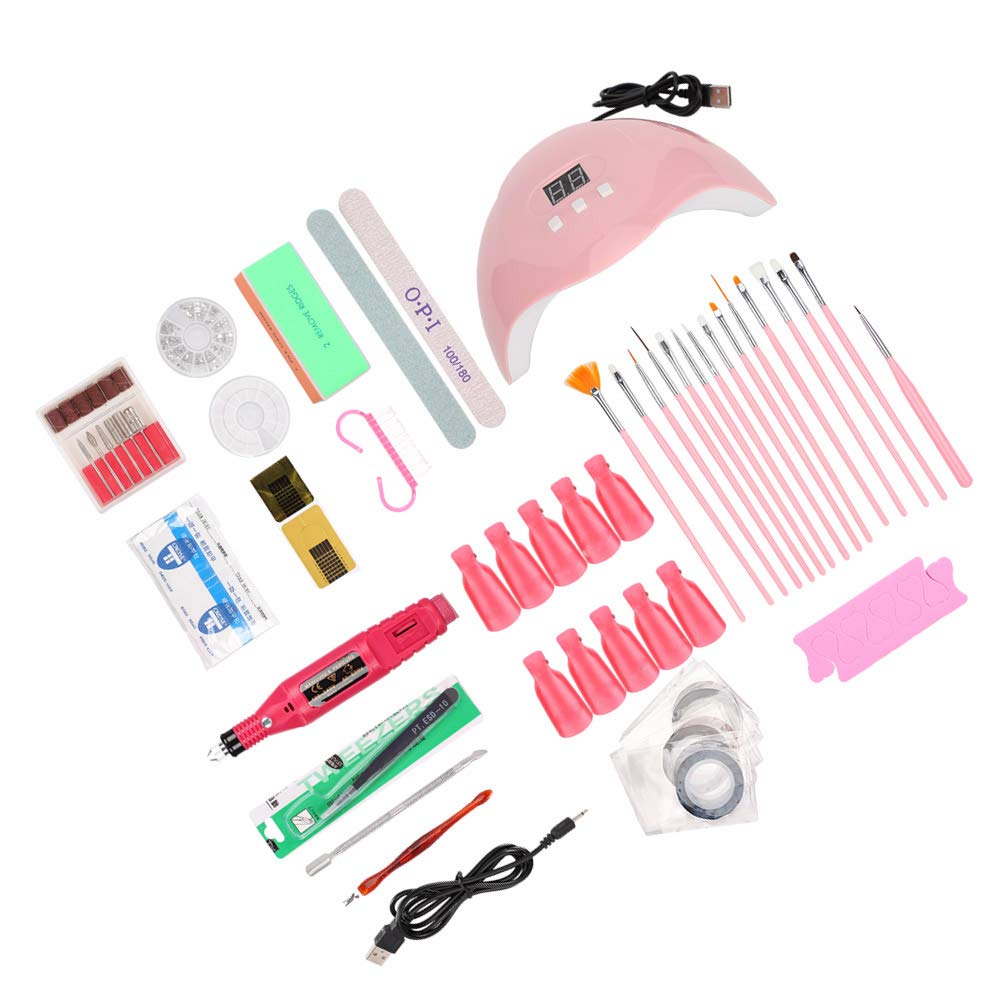 Kit De Uñas Arte Herramientas, Kit De Uñas para Manicura con Lámpara UV 54W Bloque De Pulido Uñas De Estrás Juego De Limas De Uñas Pinceles para Uñas