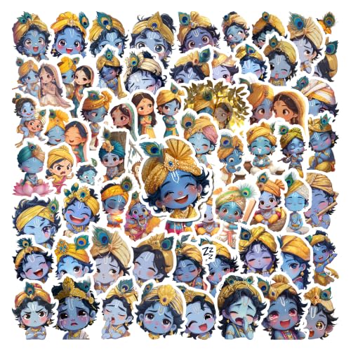 Image of Cute Krishna Sticker Pack of 60 - Waterproof Vinyl Devotional Stickers for Laptop, Water Bottle, Notebook, Journal, Phone Case, Scrapbook & DIY Decoration | Adorable Spiritual Character Collection