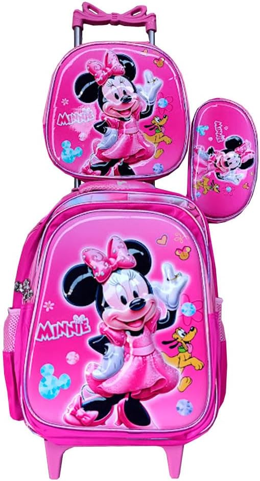 Kit Mochila Infantil com Rodinhas Minie em 3D + Lancheira Térmica + Estojo Escolar Alto Relevo