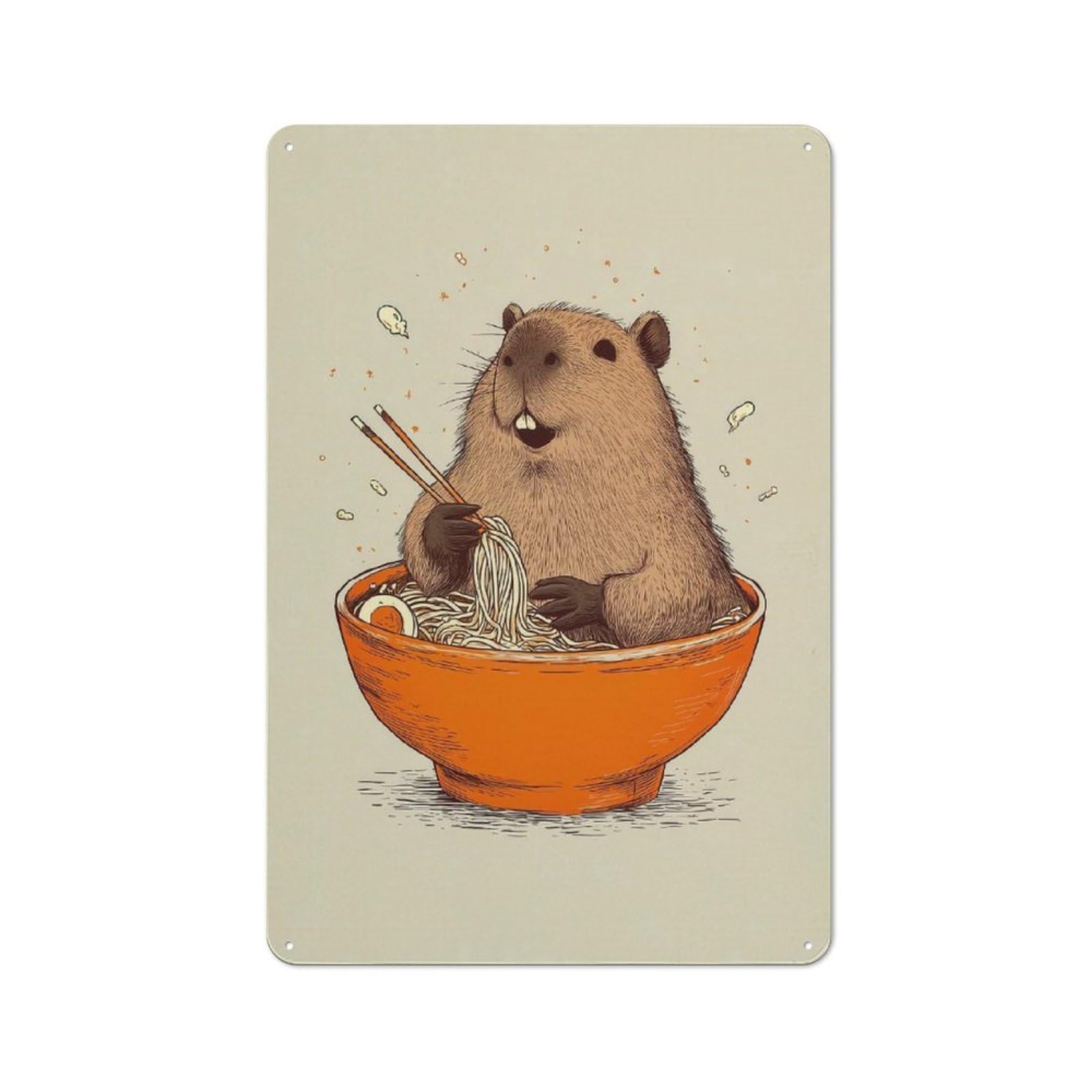 Junmoney Style-5 Rustic Metal Sign With Capybara Eating Ramen Design 30X20cm, Country Vintage Cottage Wall Art For Kitchen, Cottage, Porch Or Garden Room