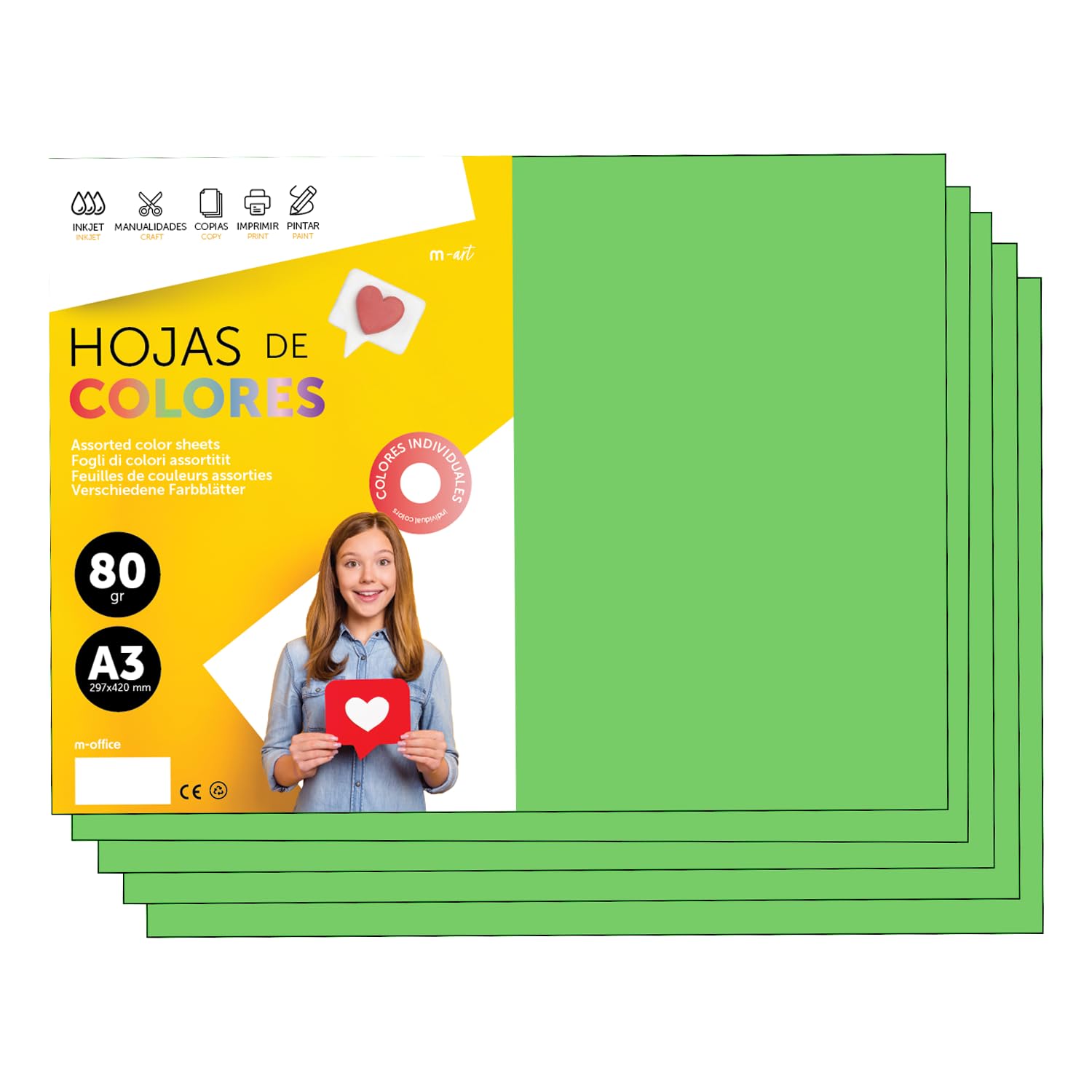 Colourful Paper A3 80 g for Printers & Crafts, Coloured Sheets for Children, Creative Projects, Cards & School m-Office (250 Sheets, Green) โ image 1