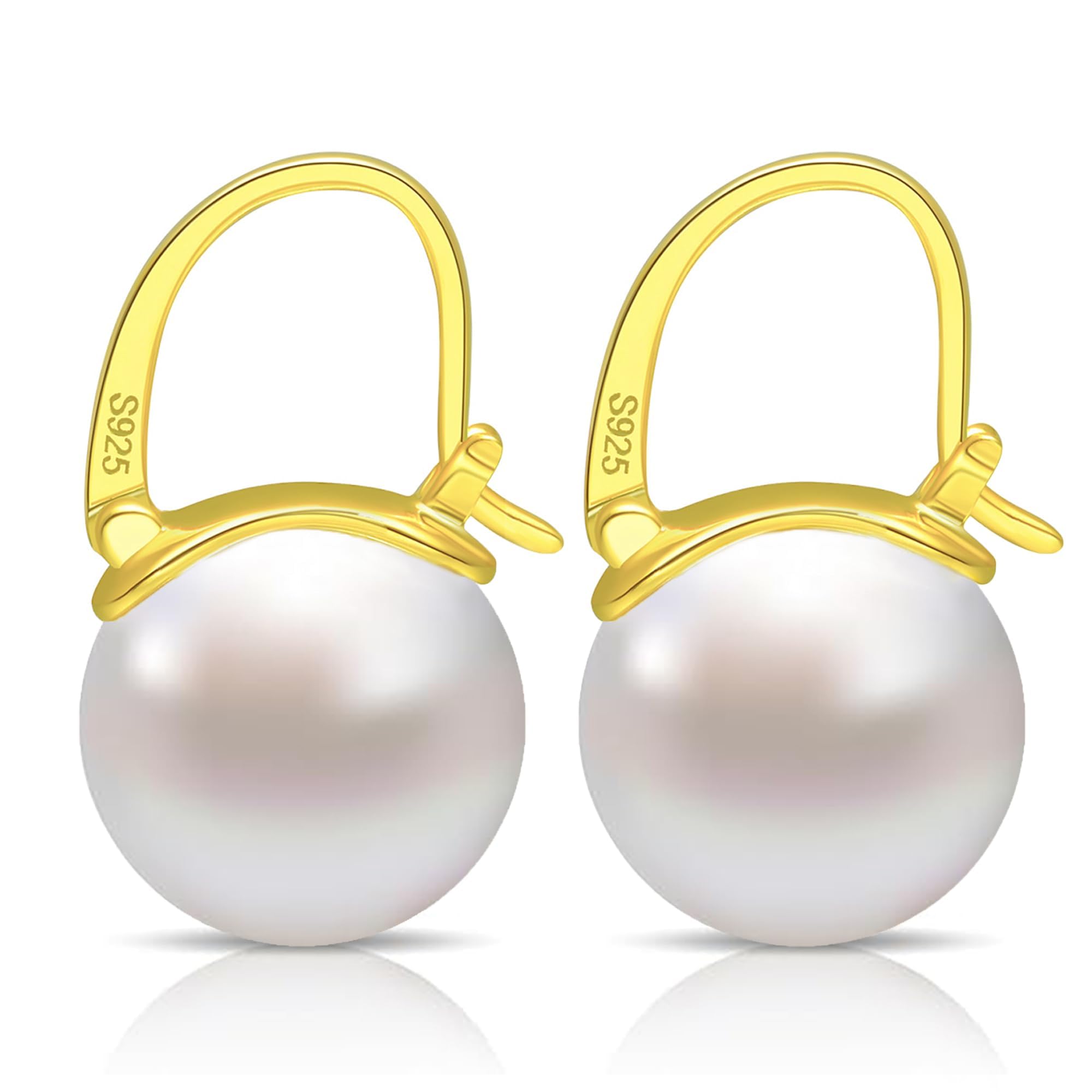 KASTWAVE Pearl Drop Earrings, 12mm Elegant Big Pearl Earrings, Pearl Drop Earrings Dangle, 925 Sterling Silver 14K Gold Plated Clasp, for Women Fashion, Dangle Hoop Earrings for Gift