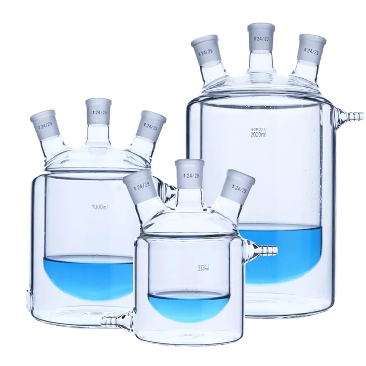 matraz de fondo redondo， Botella de reacción de laboratorio de doble capa con tres cuellos, 250 ml-2000 ml, fondo plano con 24 juntas(250ml 24-24-24)