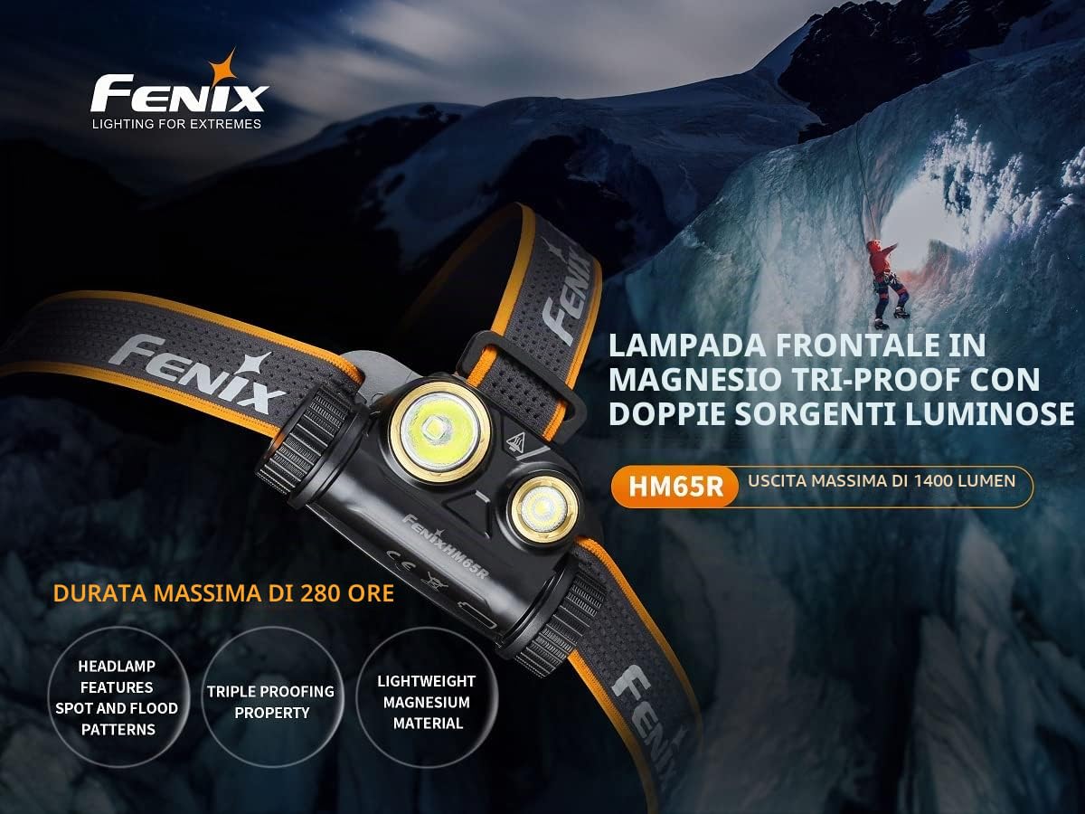 Fenix HM65R - Lampada frontale a LED, massimo 1.000 lumen e 400 lumen, impermeabile, ricaricabile tramite USB-C, adatta per trail running, alpinismo, montagna di notte