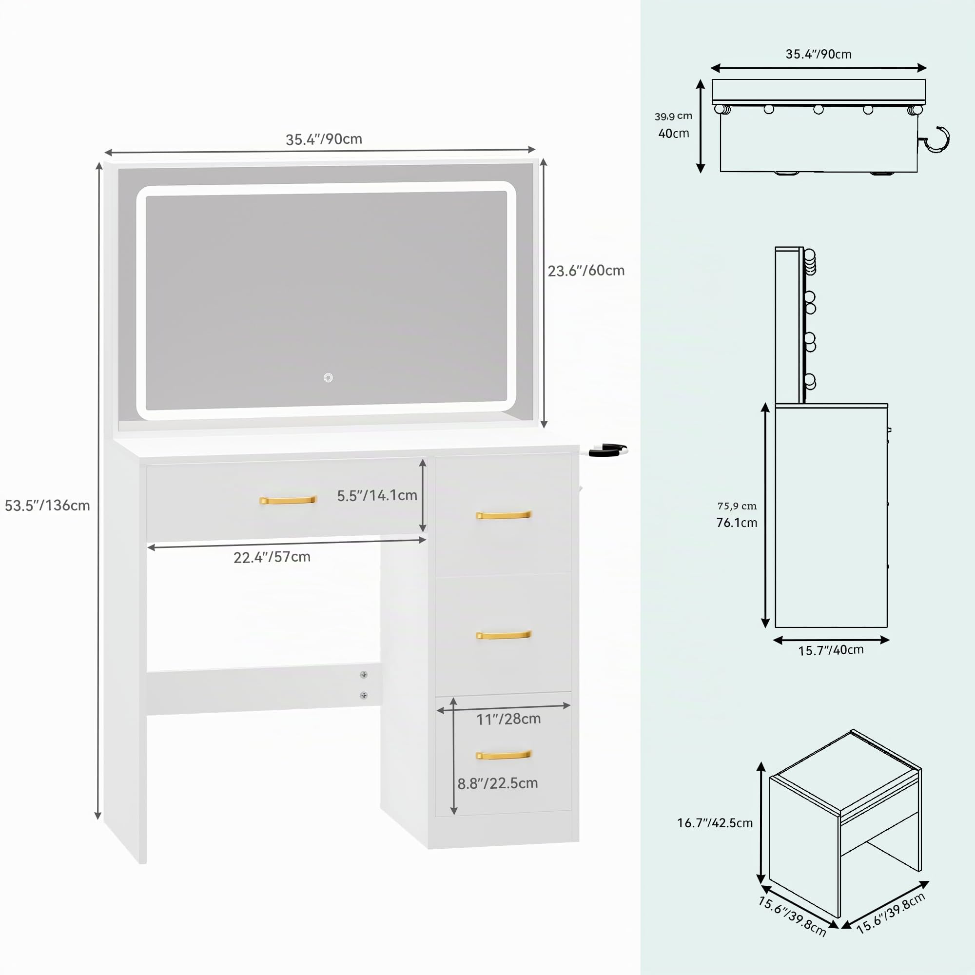 YITAHOME Tocador con iluminación LED Ajustable y tocadores, tocador con Espejo, 4 cajones y Taburete, Blanco