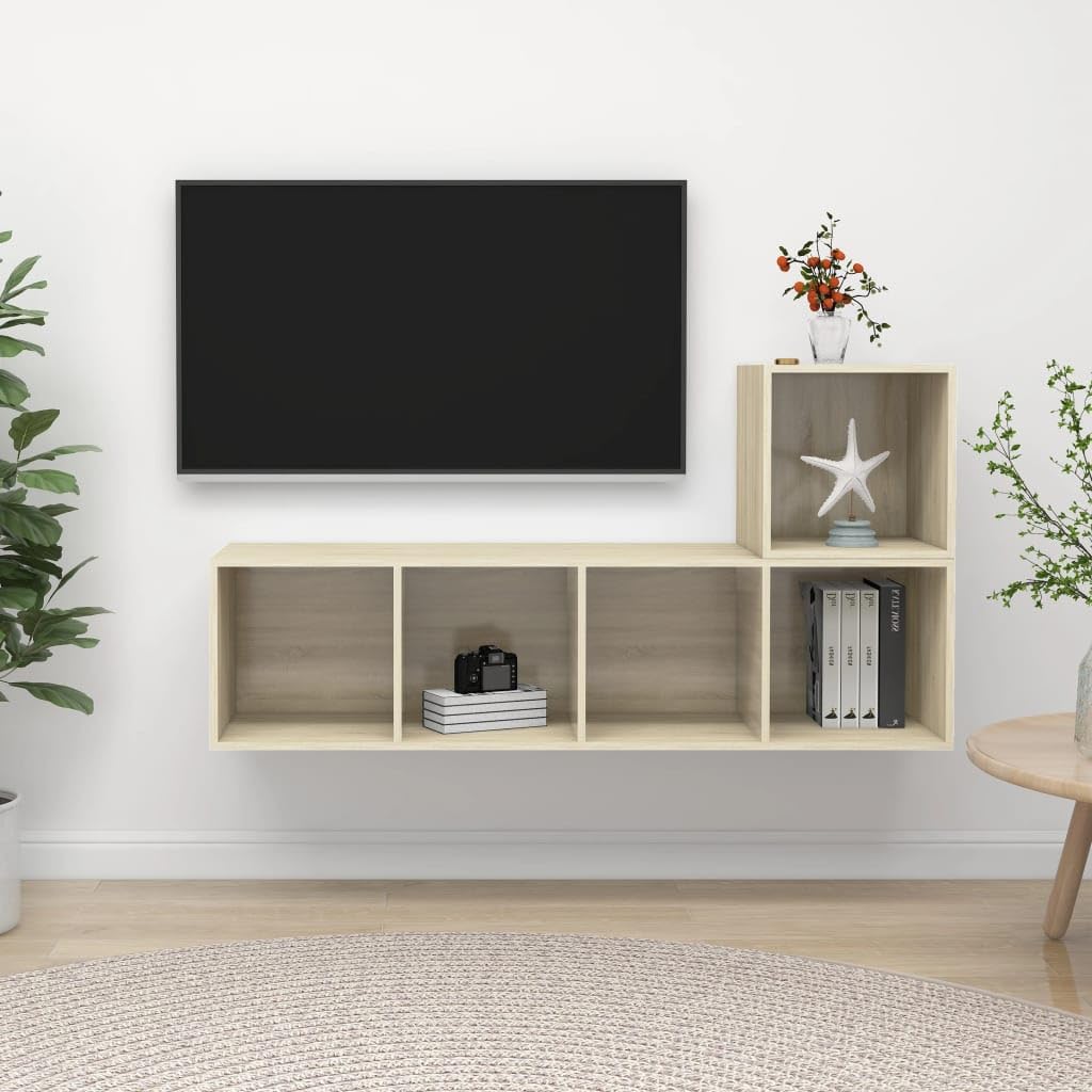 2-TLG. TV-Schrank-Set Sonoma-Eiche, Holzwerkstoff, Hängend, Wandmontage, Modernes Media-Center, Viel Stauraum für Wohnzimmer, Schlafzimmer