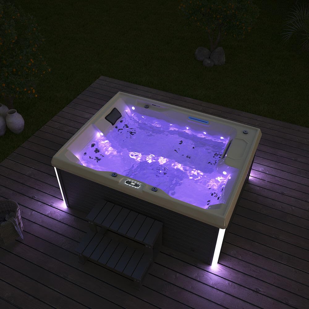 Home Deluxe - Outdoor Whirlpool - Stream Pure - Maße: 211 x 157 x 75 cm - Inkl. Heizung, 24 Massagedüsen und 4 äußeren Lichtquellen I Außen Whirlpool Spa für 3 Personen