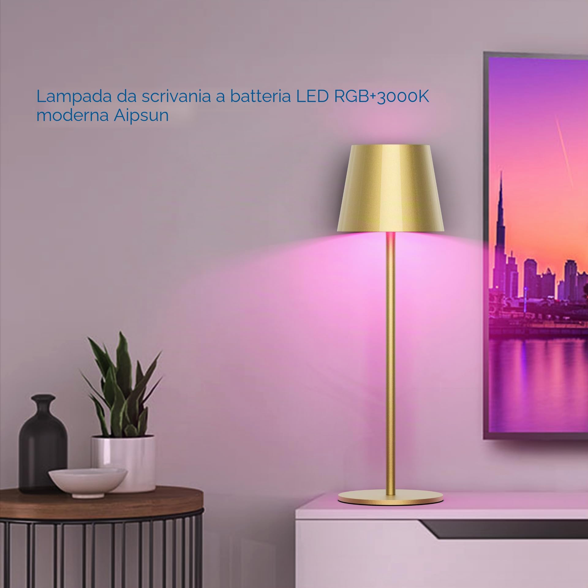 Aipsun 2 pezzi lampada da tavolo a batteria LED dimmerabile senza fili, lampada da tavolo ricaricabile calda 3000K+ RGB, 5000mAh, alluminio, USB-C, IP54, per uso interno ed esterno(Oro)