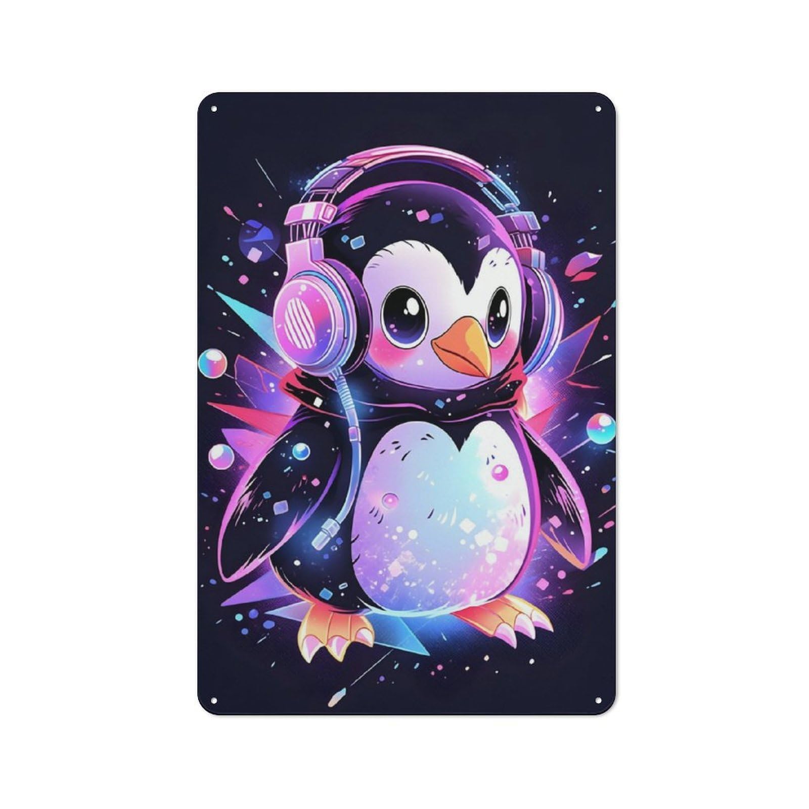 Junmoney Elegant Penguin Headphones Rustic Metal Sign 30X20cm For Living Room Or Hallway, For Winter Room Styling In Living Room And Hallway