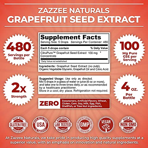 Zazzee Grapefruit Seed Extract (Gse) 4 Ounces | 2X Potency | Maximum Strength | High Absorption | 480 Servings | 100 Mg Per Serving | Vegan, Liquid Concentrate, Non-Gmo And All-Natural #TOP1