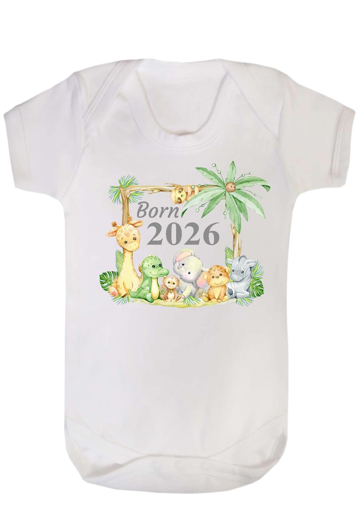 Born 2026 Baby Vest, White Safari Animal Theme with Giraffe, Dinosaur, Elephant, Lion and Koala Print (White, 3-6 months)