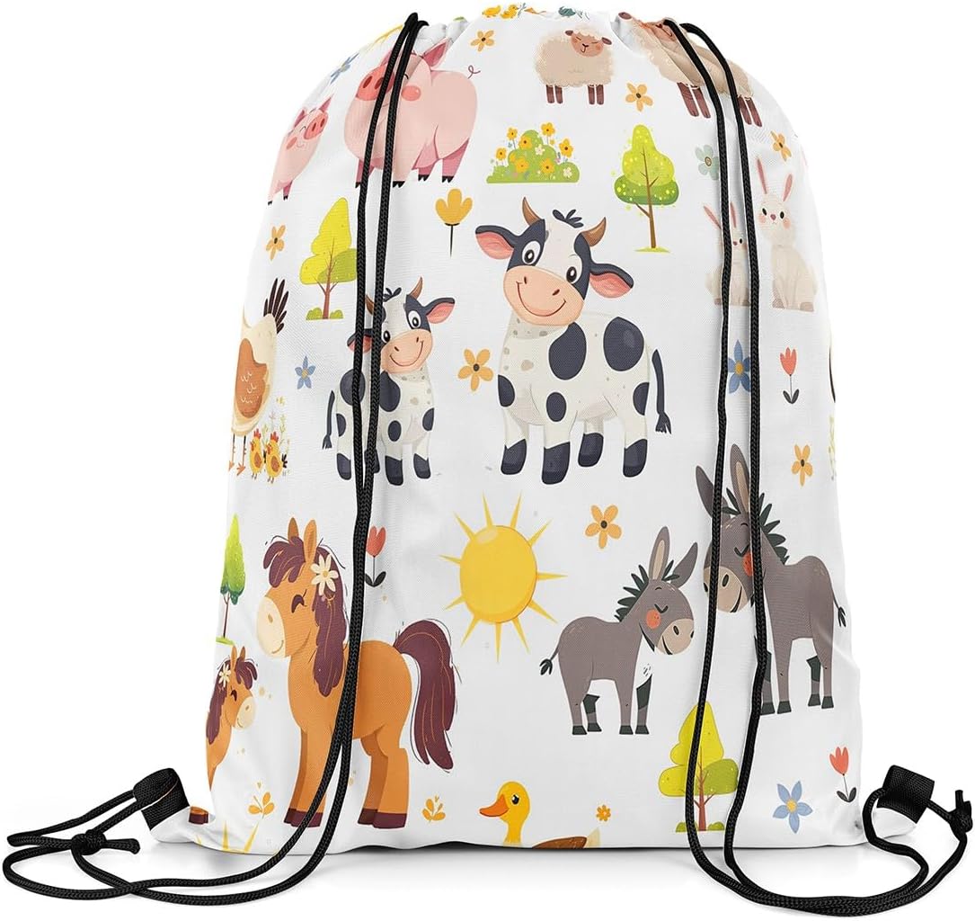 Cute Animals Drawstring Backpack 13"x16" Cartoon Horse Donkey Pig Cow Gym Cinch Sack Sports Draw String Knapsack Colorful Flowers Rustic Farmhouse Style Bag for Camping Climbing