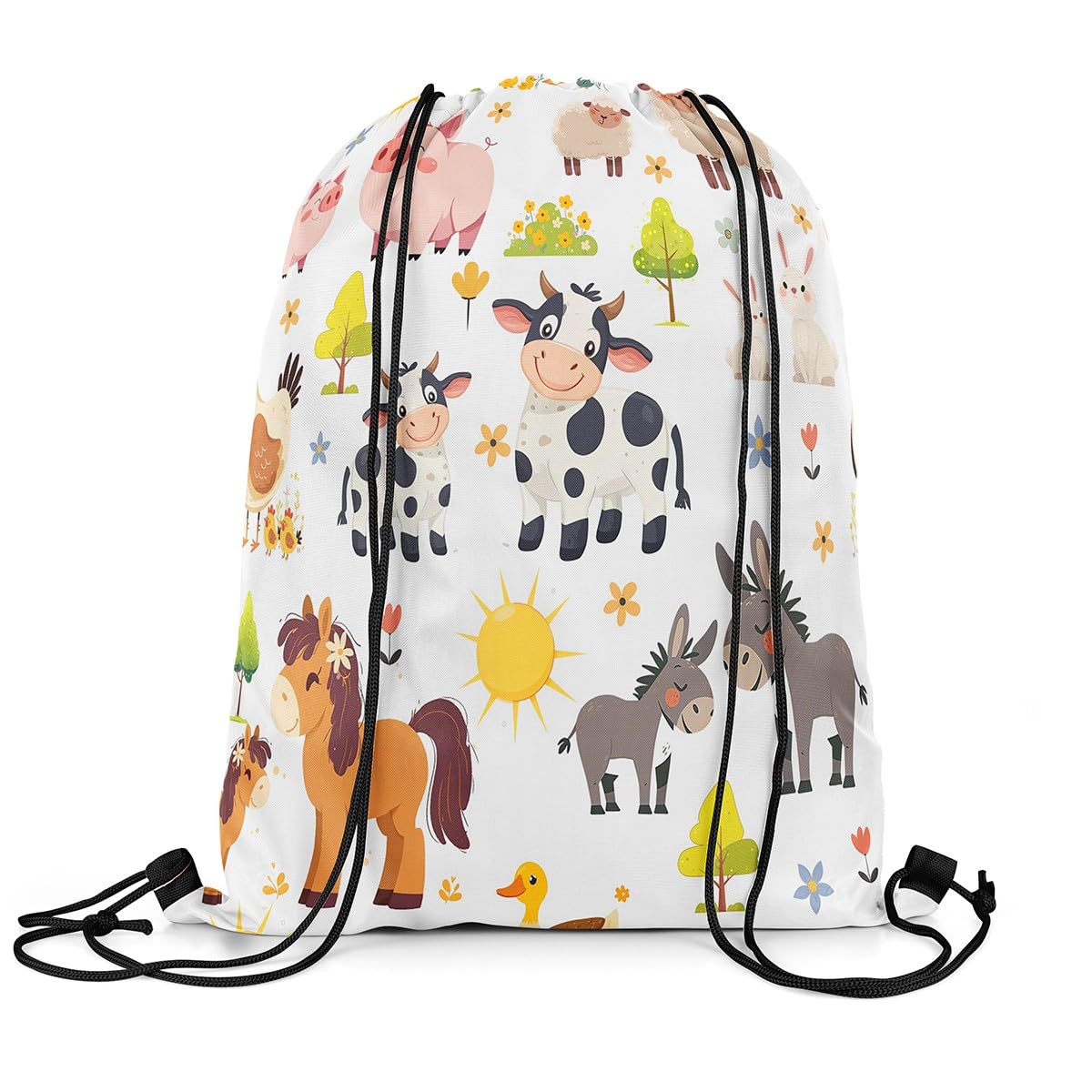 Cute Animals Drawstring Backpack 13"x16" Cartoon Horse Donkey Pig Cow Gym Cinch Sack Sports Draw String Knapsack Colorful Flowers Rustic Farmhouse Style Bag for Camping Climbing