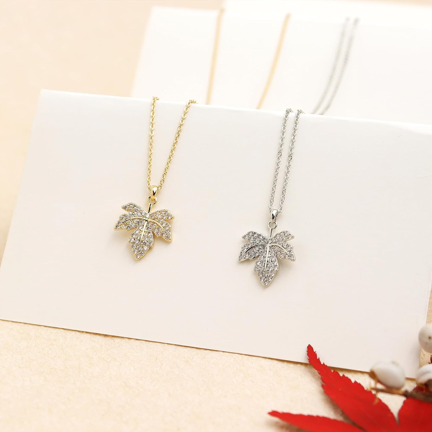Jean Beau Gold Maple Fall Leaf Pendant Necklaces for Women, Dainty Rhinestone Dangle Necklace Wedding Prom Autumn Thanksgiving Accessories Fashion Jewelry Gifts - Image 6