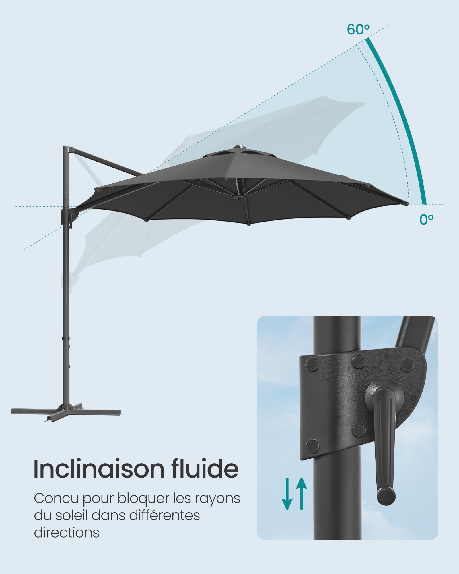SONGMICS Parasol de Jardin 300 cm, UPF 50+, Parasol d Extérieur, Pivotant à 360°, Inclinaison Fluide, Manivelle, avec Base en Croix, Gris GPU074G02