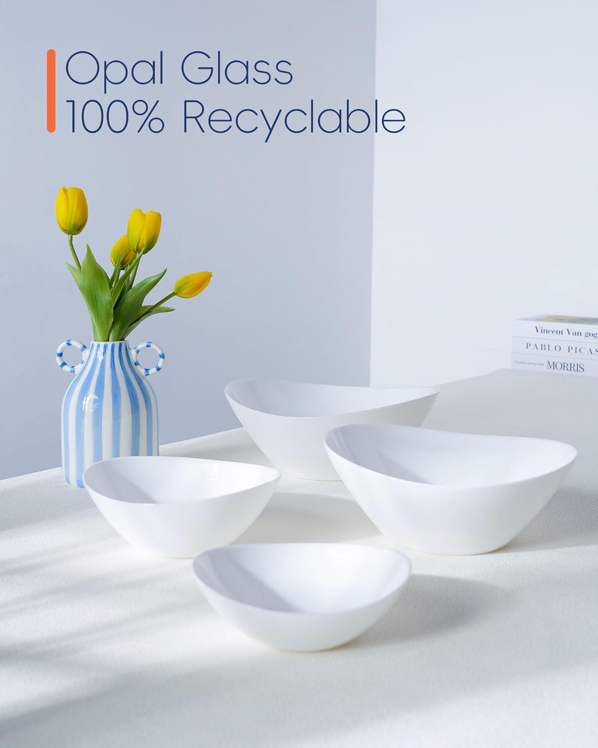 LaGlint Oval Serving Bowls Set of 4, 12/20/43/66 OZ Opal Glass Lightweight White Nesting Bowls, Microwave & Dishwasher Safe Versatile Mixing Prep Bowl for Salad Fruit Pasta Dessert